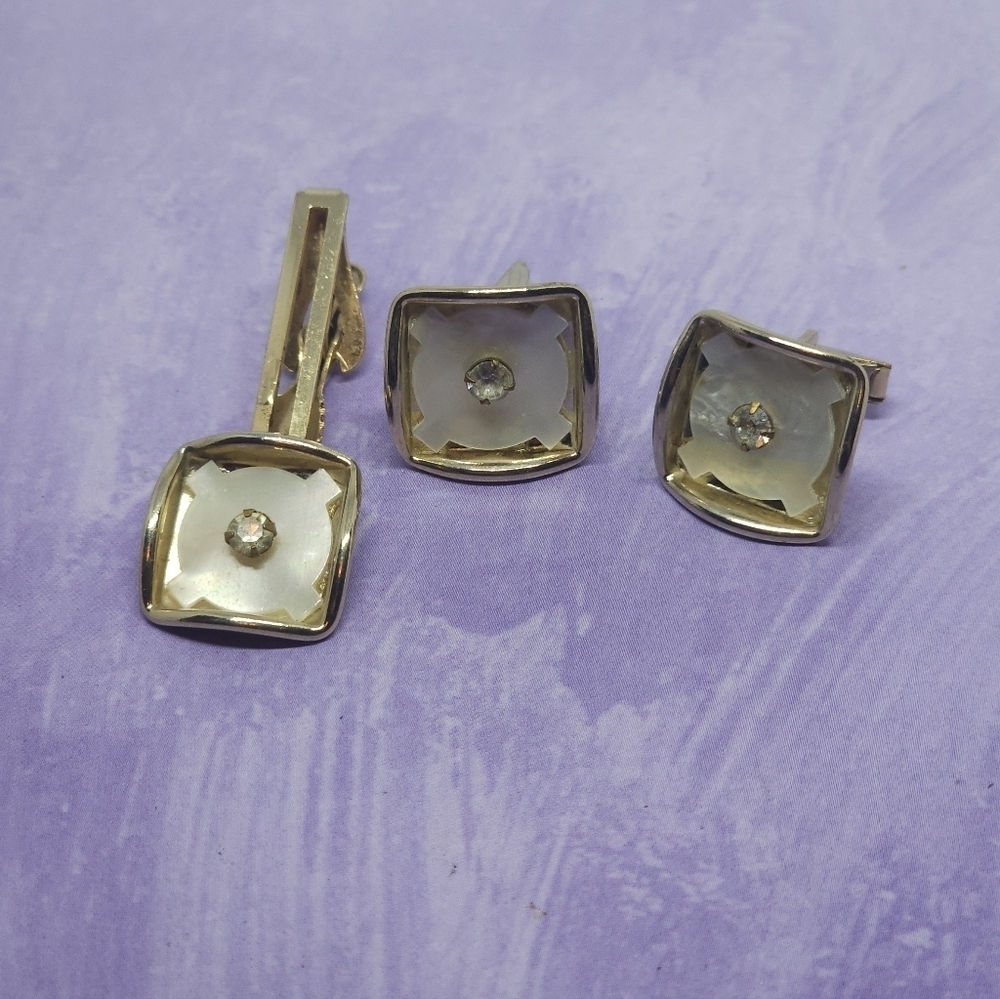 👍5 For $20 Vintage Mother Of Pearl Tie Bar Clip & Cuff Links Set Gold Tone